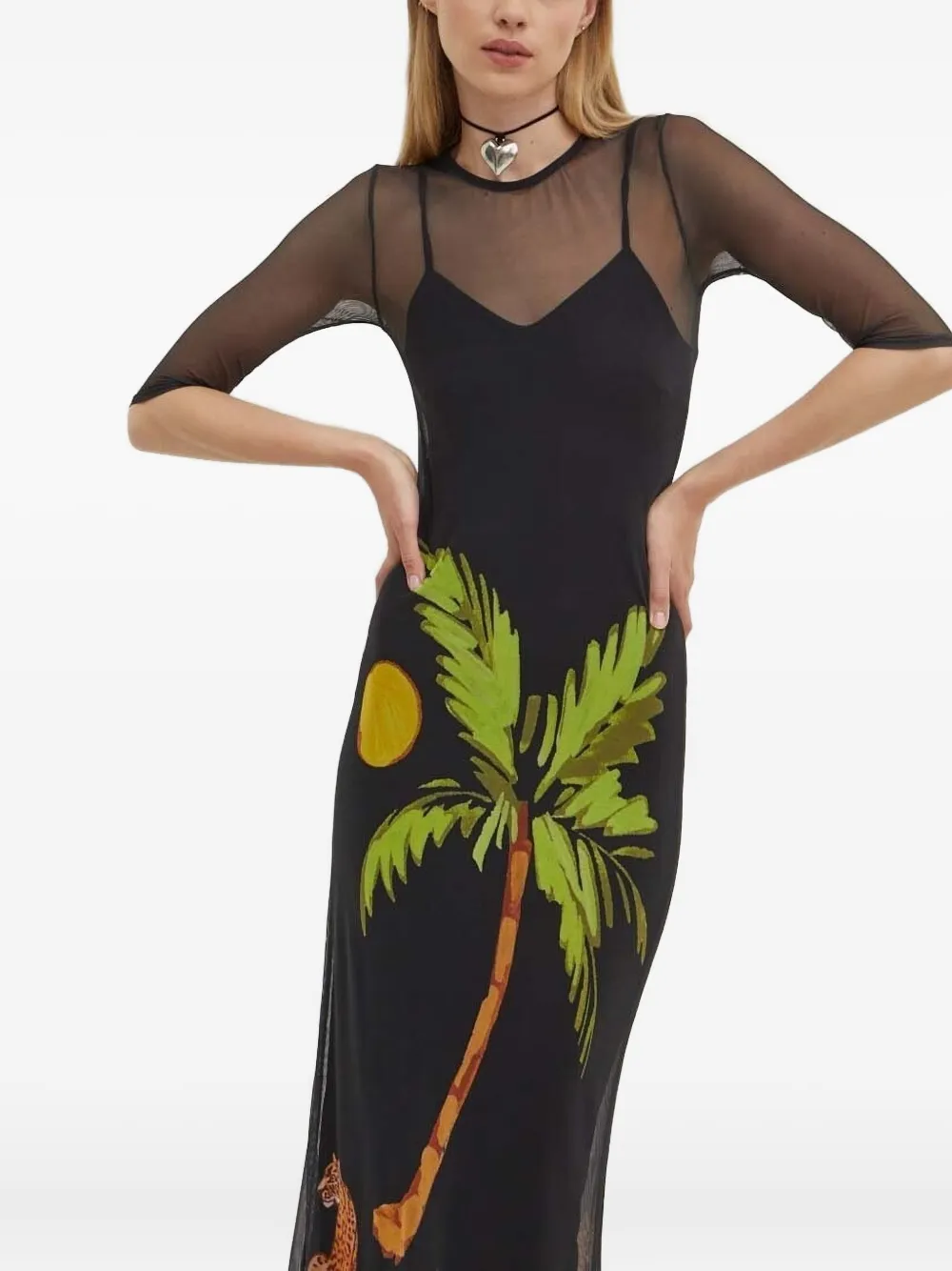 Never Fully Dressed Mesh-panel Palm-tree Print Maxi Dress In Black