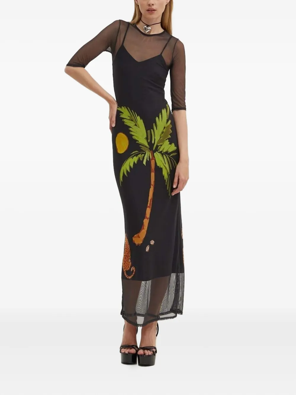 Never Fully Dressed Mesh-panel Palm-tree Print Maxi Dress In Black