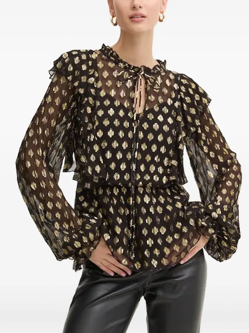 Never Fully Dressed Geometric-print Ruffled Blouse In Black