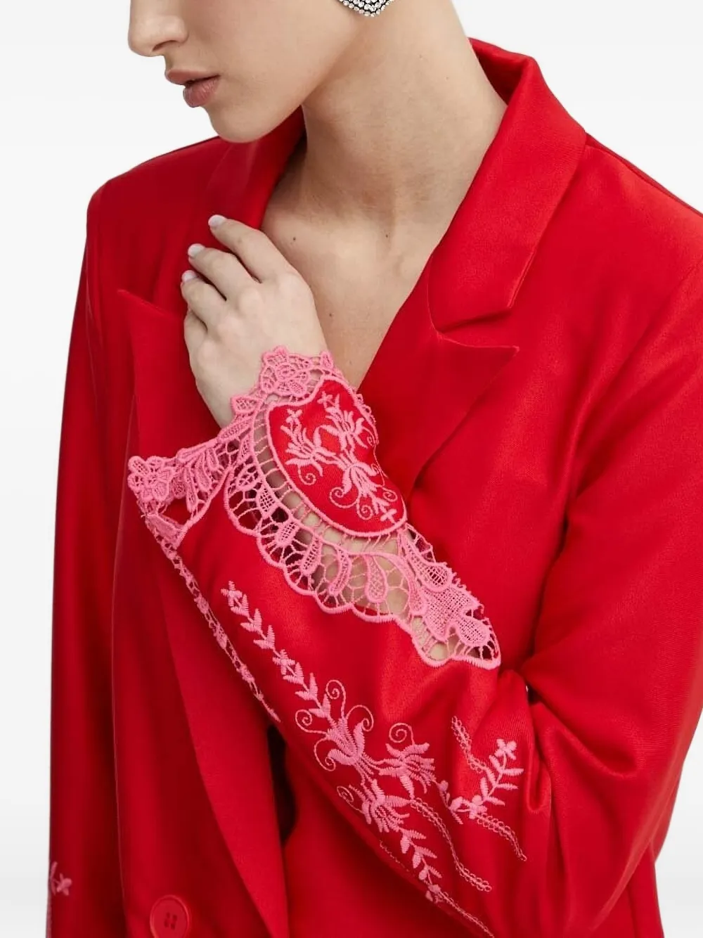 Never Fully Dressed Frany Lace-insert Double-breasted Blazer In Red