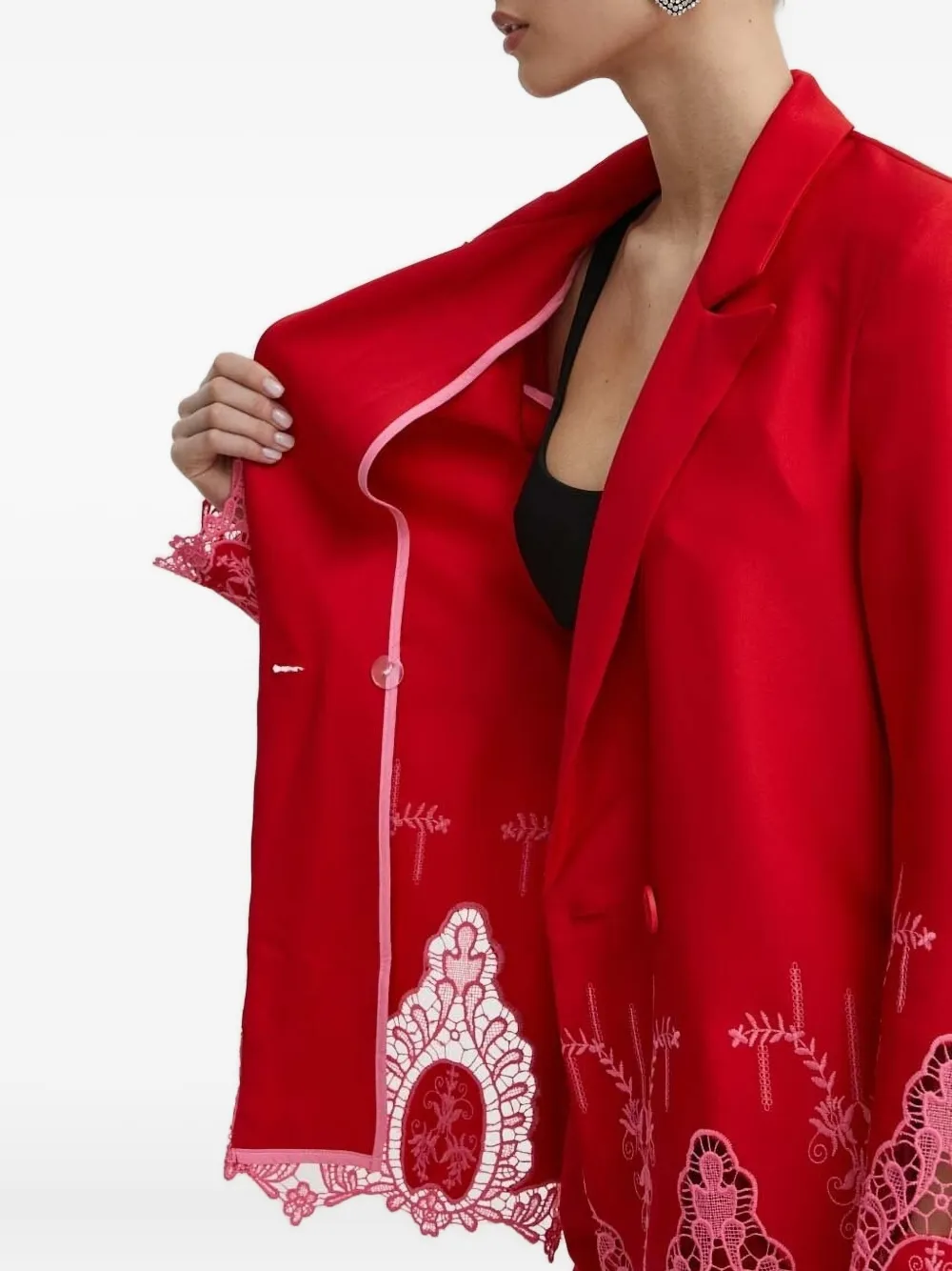 Never Fully Dressed Frany Lace-insert Double-breasted Blazer In Red