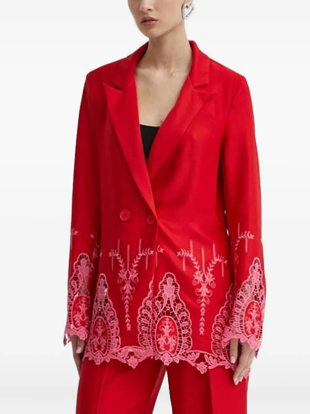 Never Fully Dressed Frany Lace-insert Double-breasted Blazer In Red