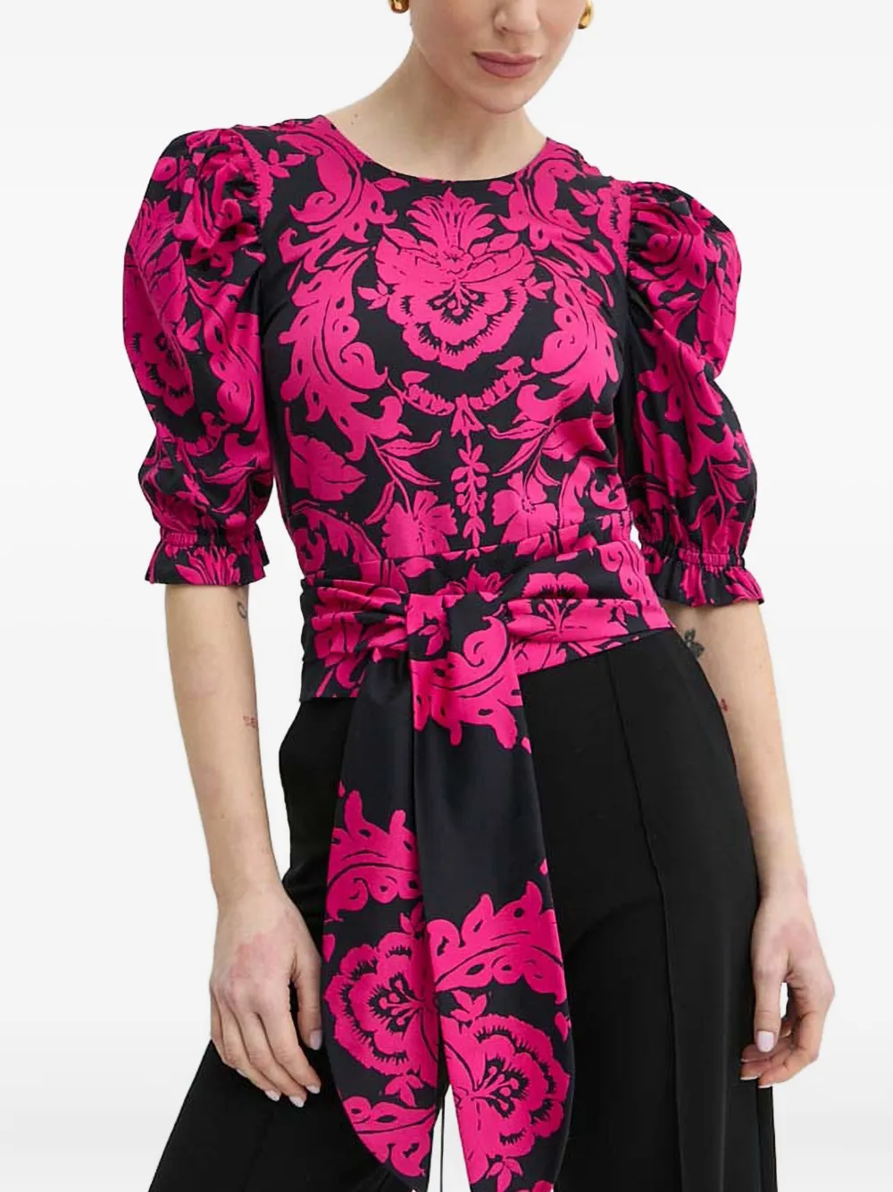 puff-sleeve damask top