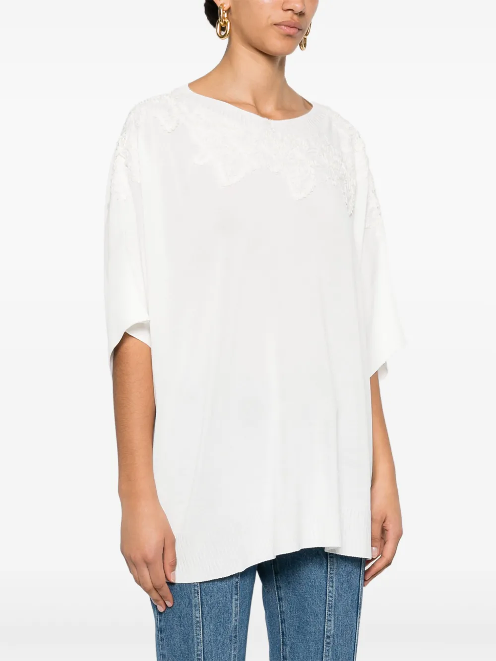 ERMANNO FIRENZE Fijngebreid T-shirt met bloemenkant Wit