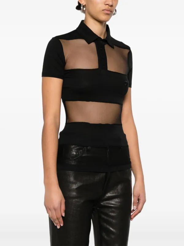 Coperni Striped Sheer Polo Top | Black | FARFETCH