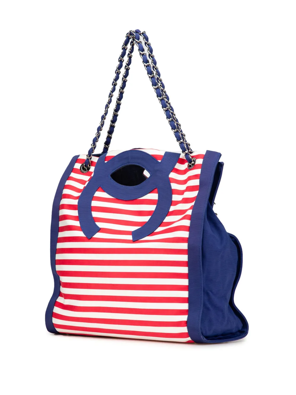 Pre-owned Chanel 2009-2010 Paris Venice Cc Canvas Mariniere Chain Tote Bag In Red