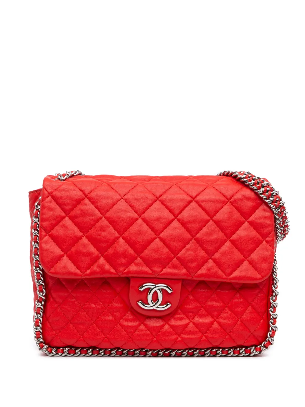 Pre-owned Chanel 2011 Maxi Washed Lambskin Chain Around Flap Shoulder Bag In Red