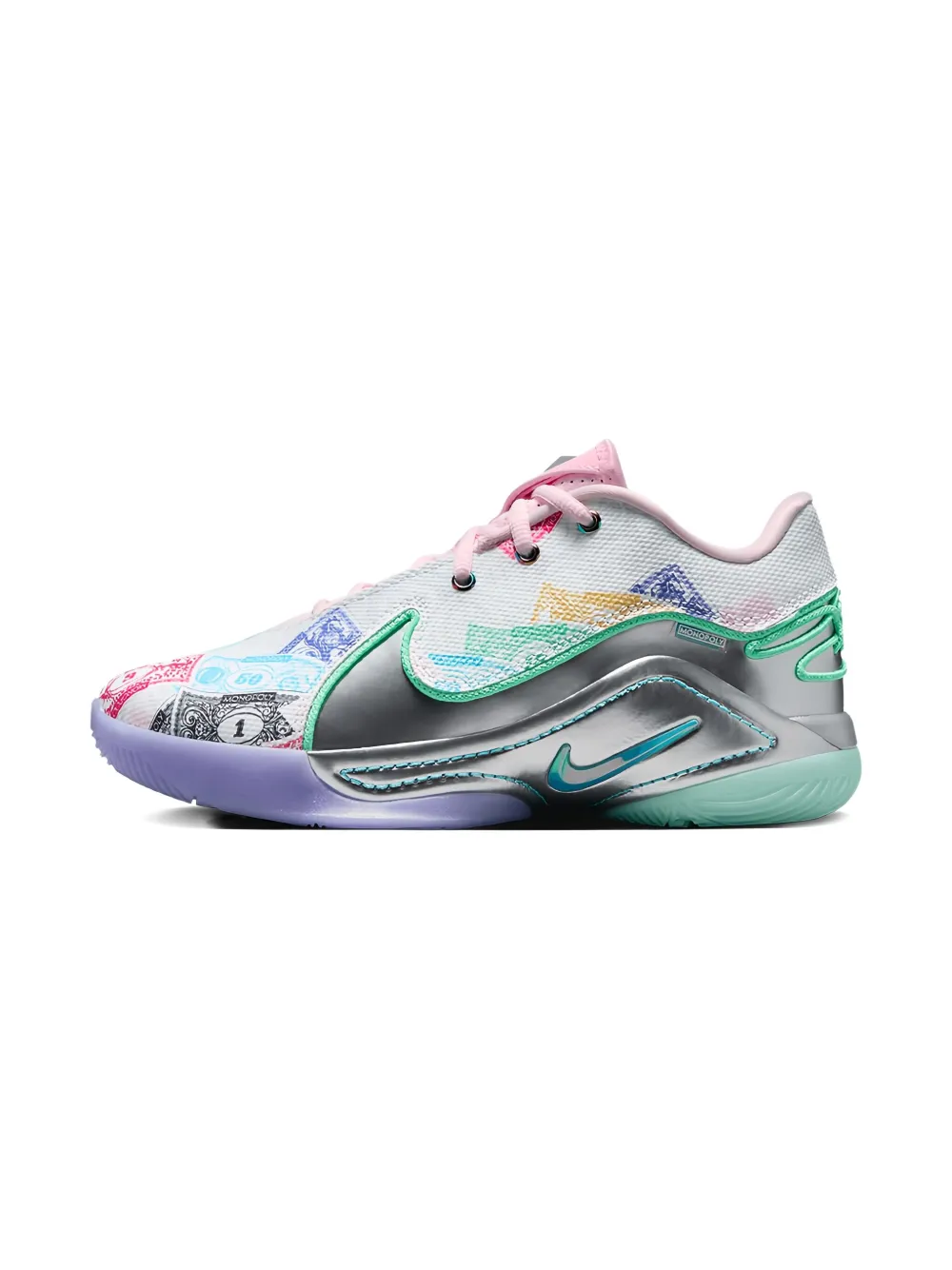 Nike Kids LeBron XXII Monopoly Currency "White Baltic Blue Vapor Green-Pink Foam Metallic Silver" sneakers