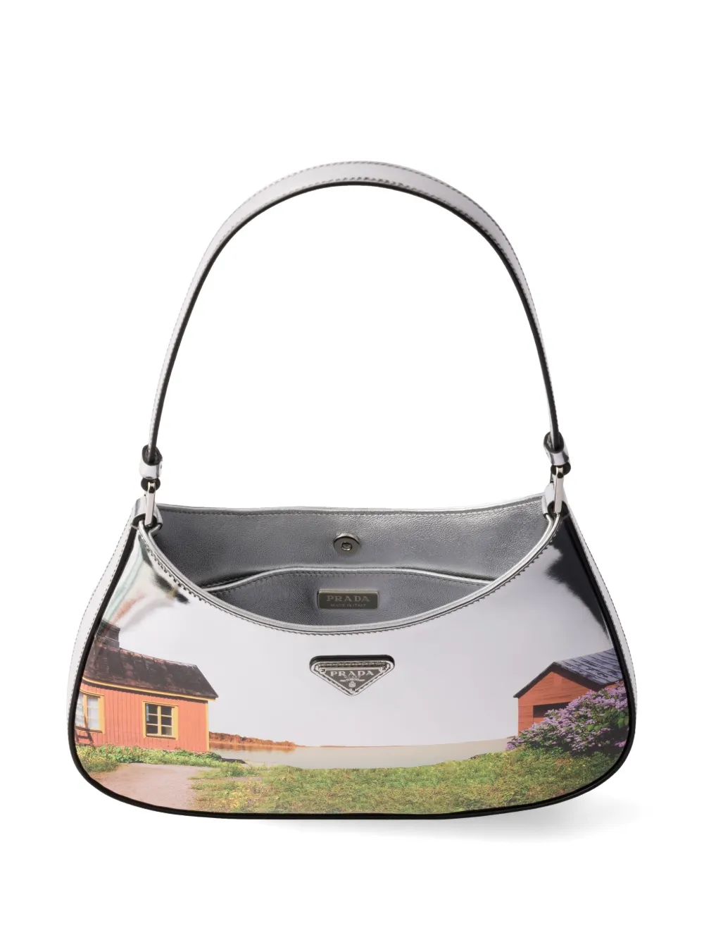 Prada Cleo Printed Brushed Leather Shoulder Bag In Silver