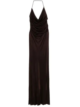 elisabetta franchi halterneck dress in jersey open-back Maxi | Brown nature inspired bridesmaid dress