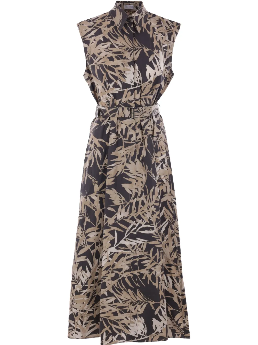 Brunello Cucinelli leaf-print sleeveless cotton dress | Black | Image 1