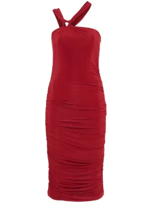 ferragamo red scale dress Ferragamo Draped Sheer-panel High-low Dress In Red