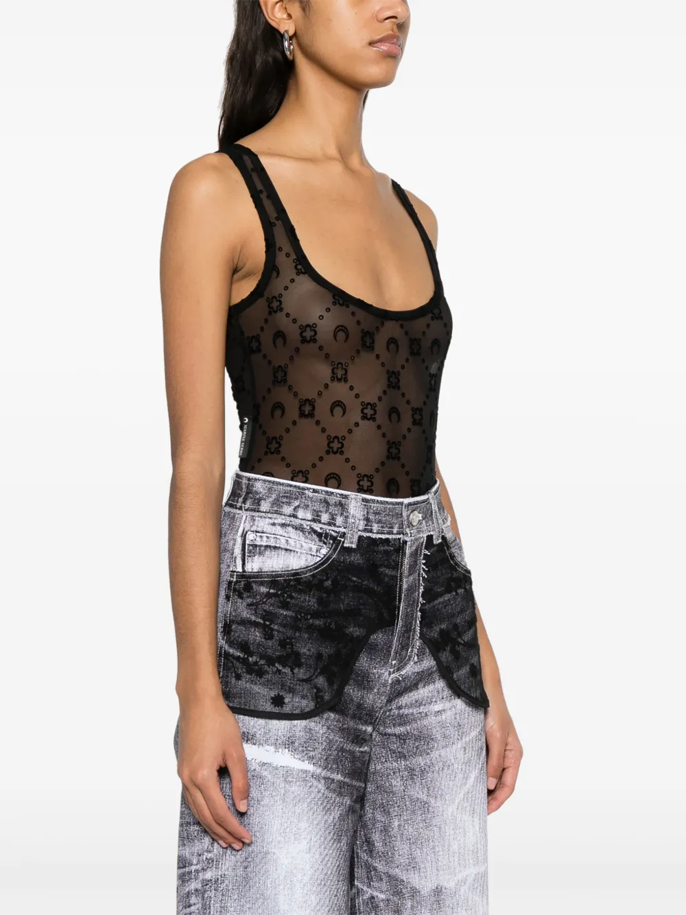 Marine Serre Flocked-moonogram Mesh Bodysuit In Black