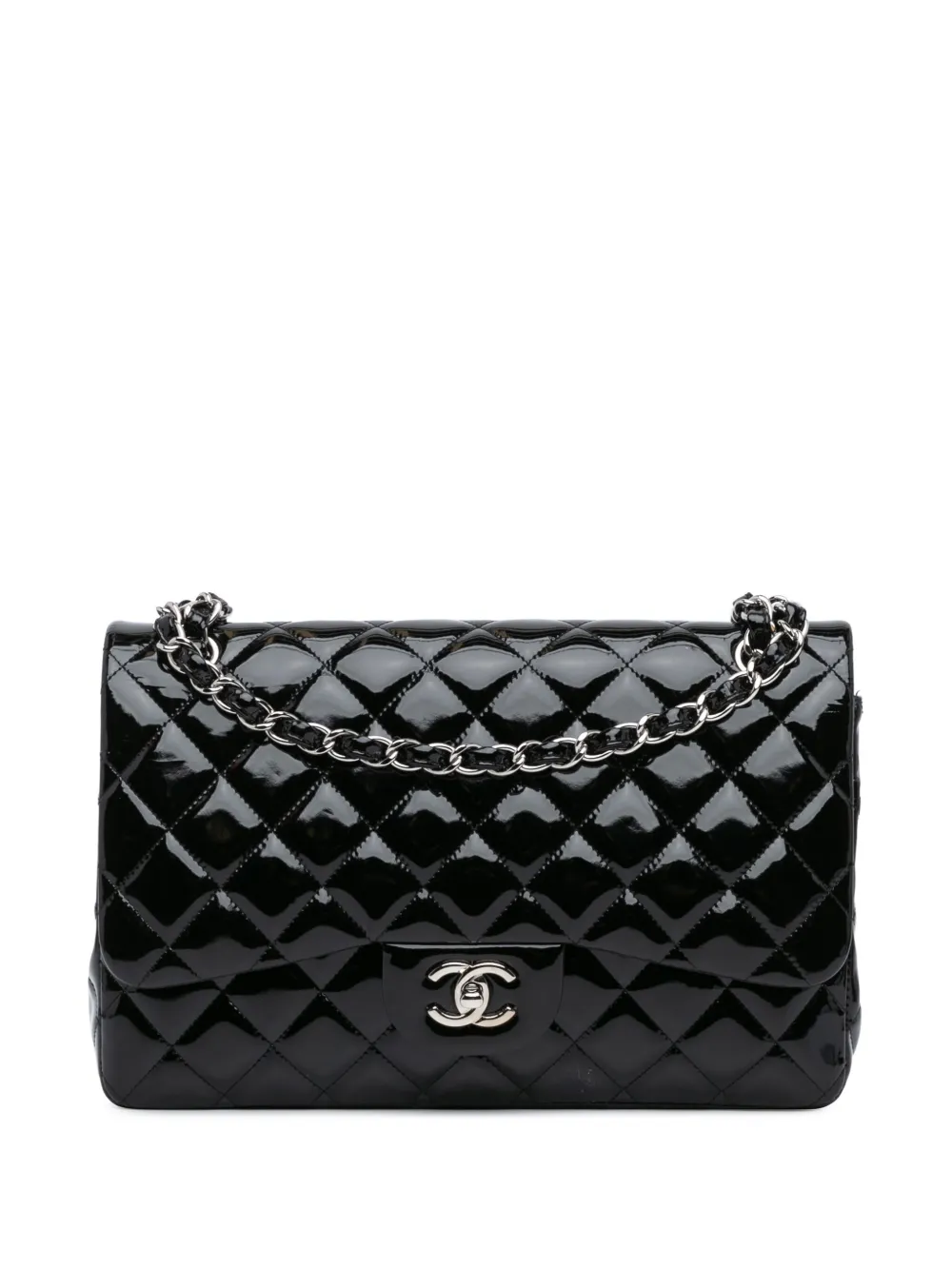 Pre-owned Chanel 2010-2011 Jumbo Classic Patent Double Flap Shoulder Bag In Black