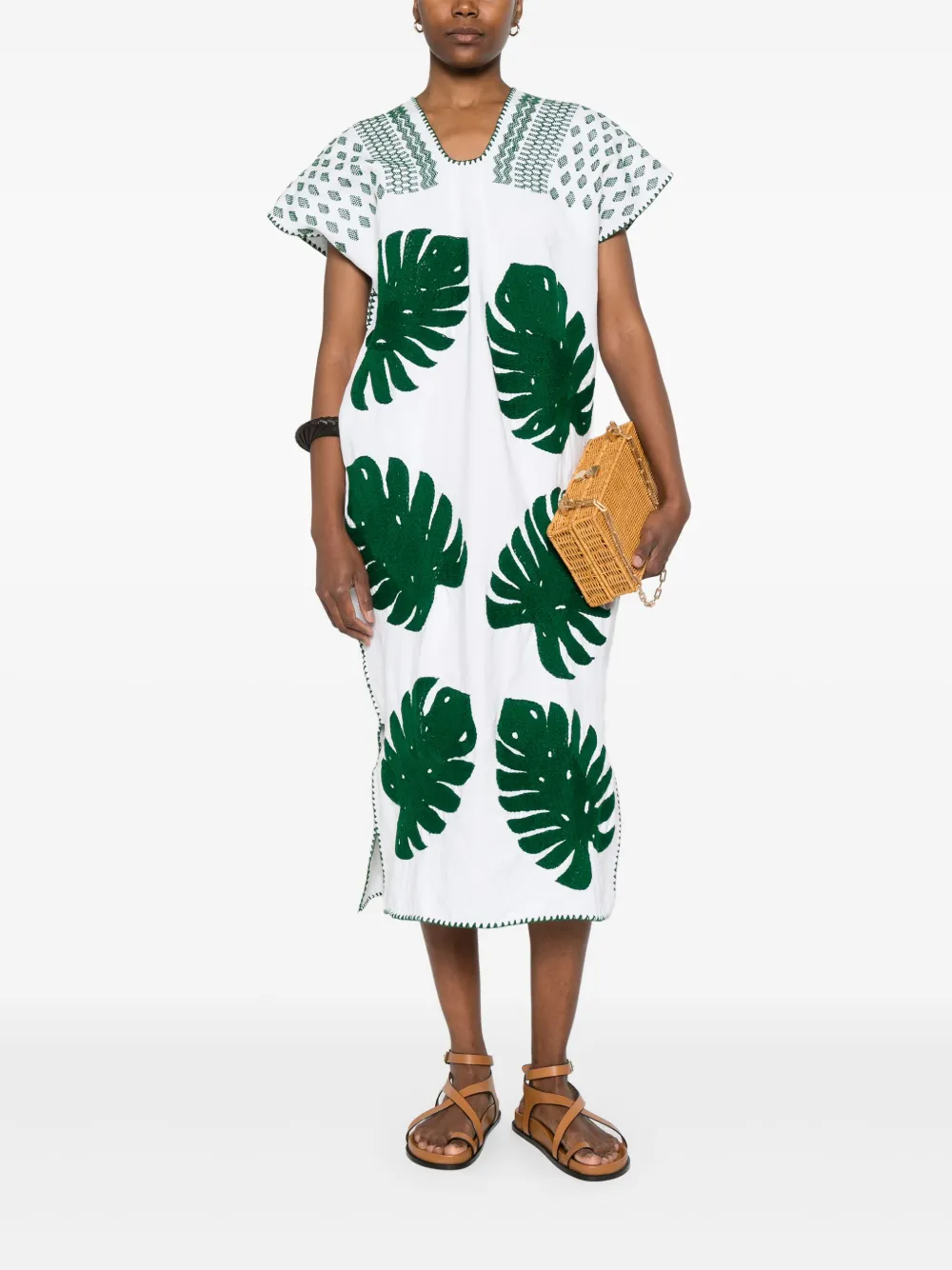 Pippa Holt monstera leaf-embroidery midi dress - Wit
