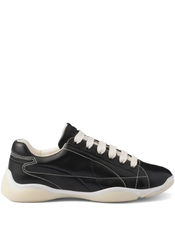 Prada Topstitched Leather Low-top Sneakers in Black