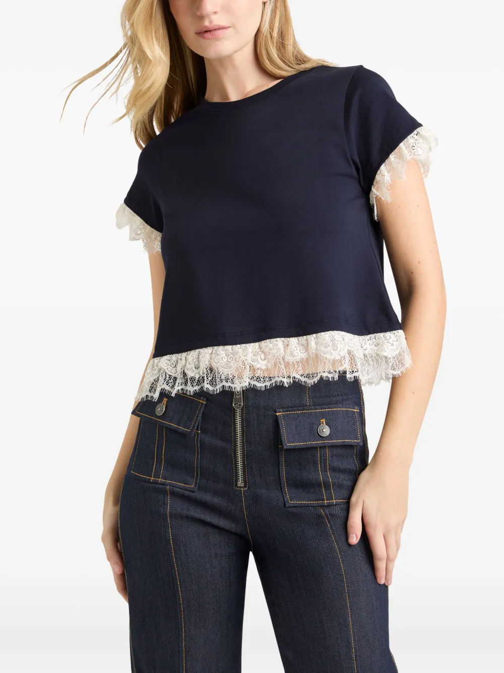 Cinq A Sept Top met afwerking van kant Blauw