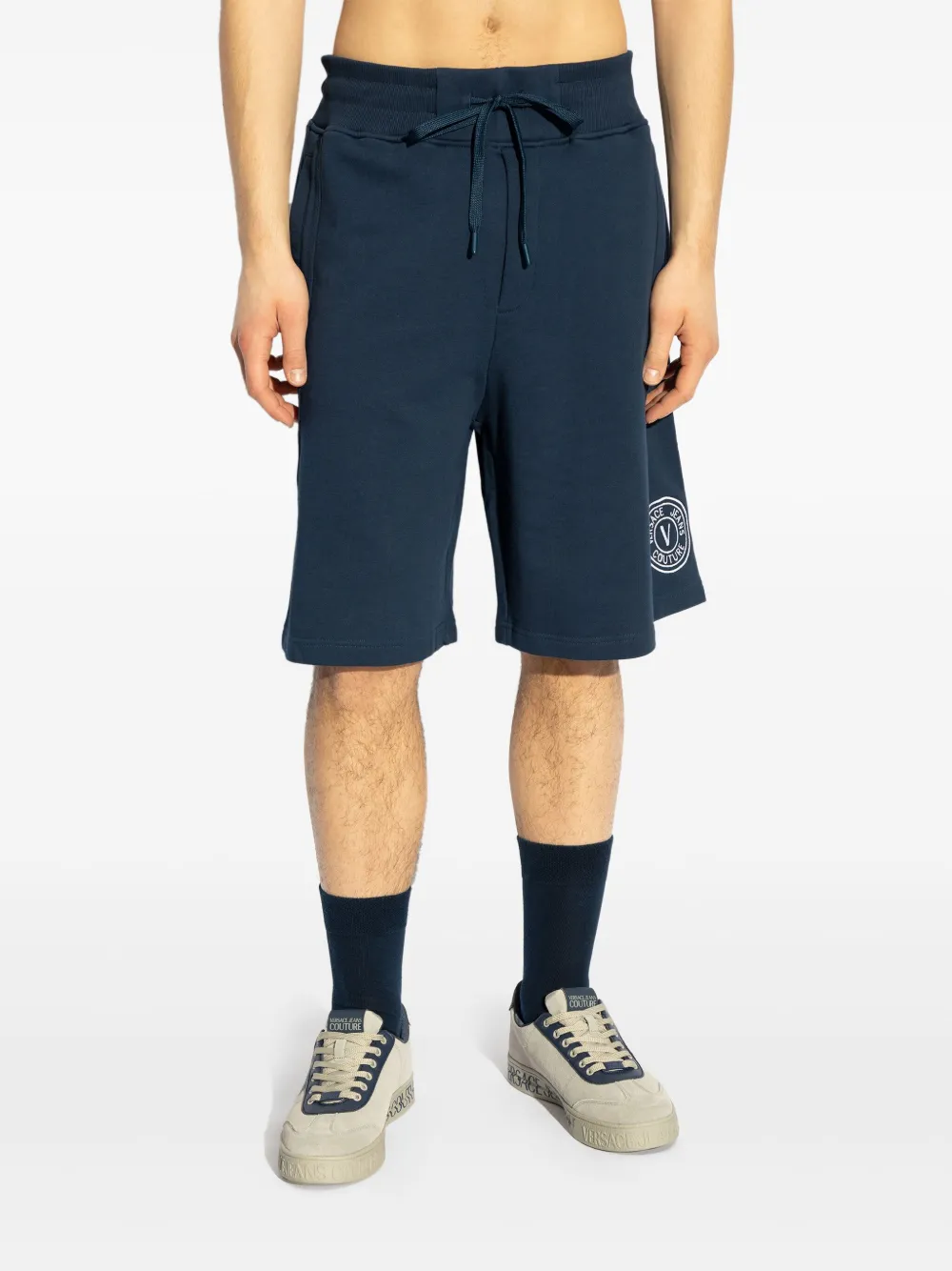 Shop Versace Jeans Couture Logo-embroidered Track Shorts In Blue