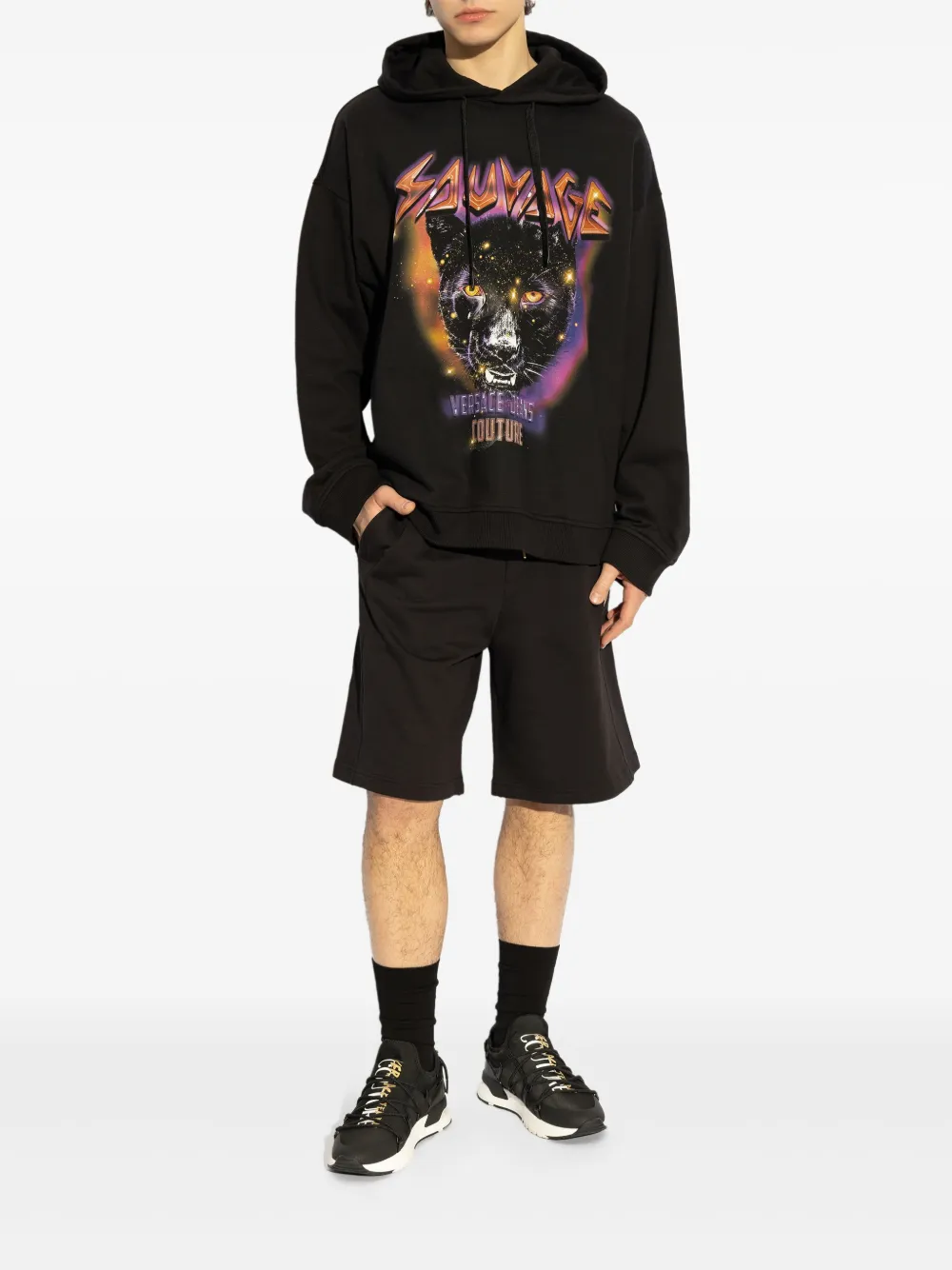 Shop Versace Jeans Couture Printed Hoodie In Black