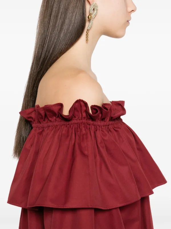 VIP【送料関税込】SAINT LAURENT COTTON TWILL MINI DRESS SAINT LAURENT Off-the-shoulder ruffled cotton-twill mini