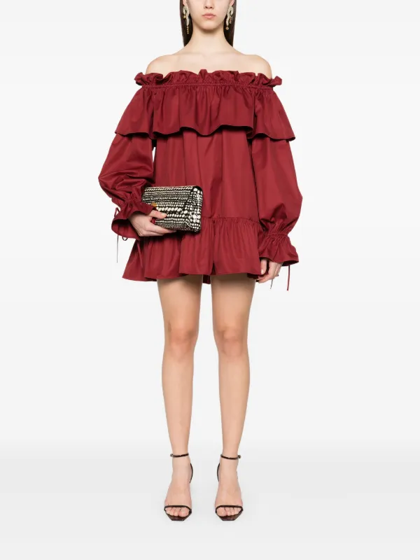 Saint Laurent Ruffled Cotton Mini Dress | Red | FARFETCH