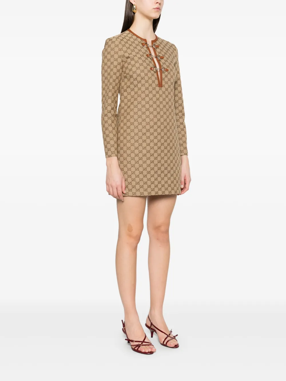 Gucci Mini-jurk met Horsebit-detail en GG-canvas Bruin