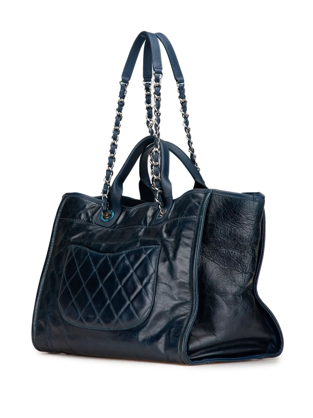 Pre-owned Chanel 2016-2017 Medium Glazed Calfskin And Caviar Deauville Tote Satchel In Blue