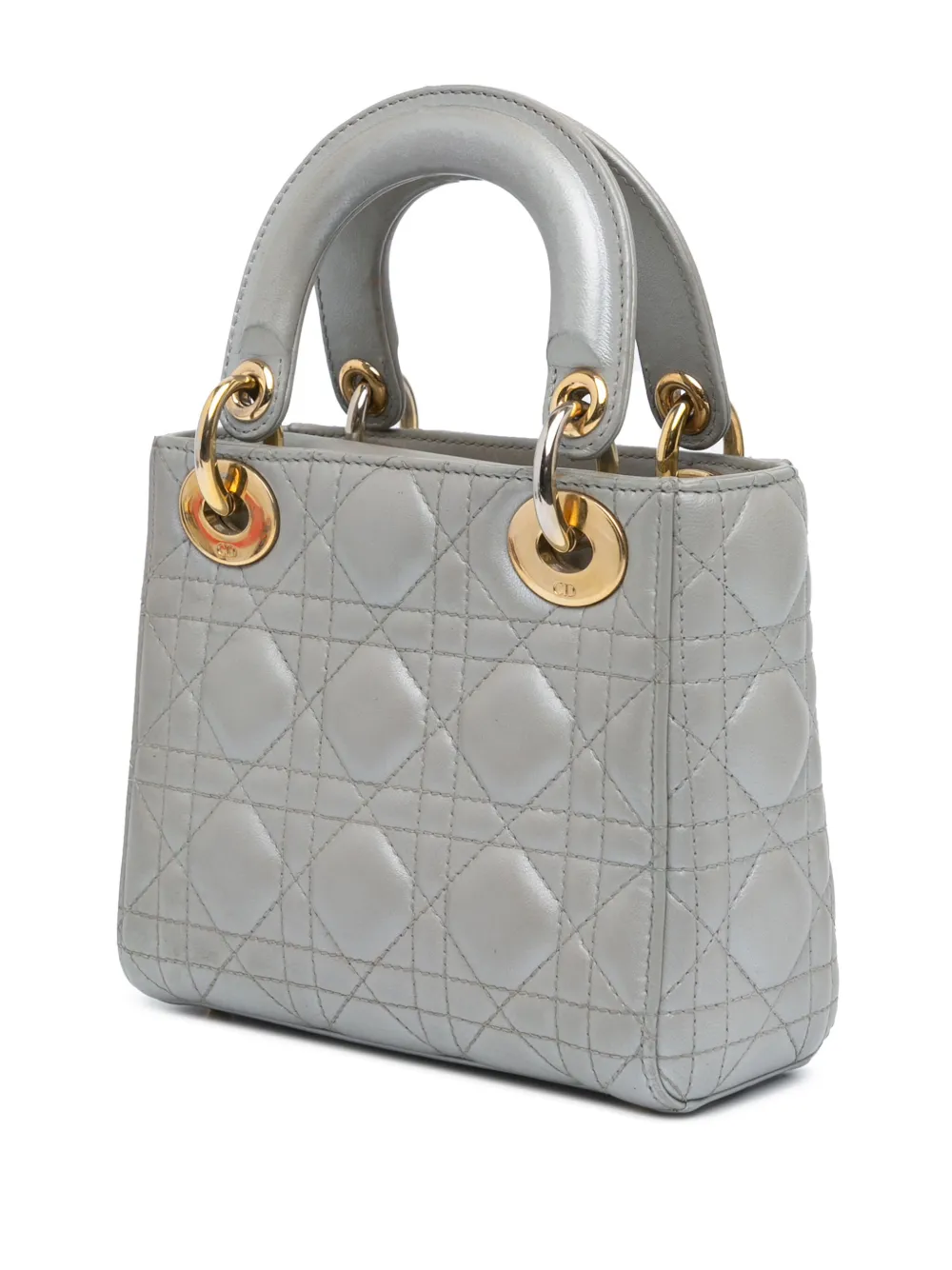 Pre-owned Dior 2019 Mini Metallic Lambskin Cannage Lady Satchel In Grey