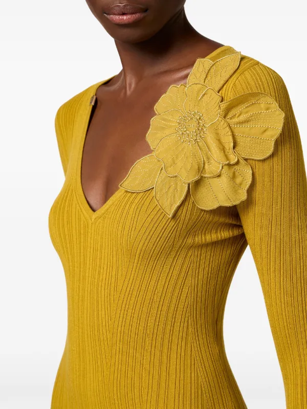 上品 ELISABETTA FRANCHI フローラルアップリケニットドレス 3色 Elisabetta Franchi フローラルアップリケ リブニットドレス