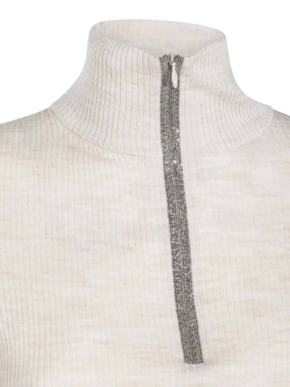 Brunello Cucinelli Monili-verfraaide trui met halve rits Beige