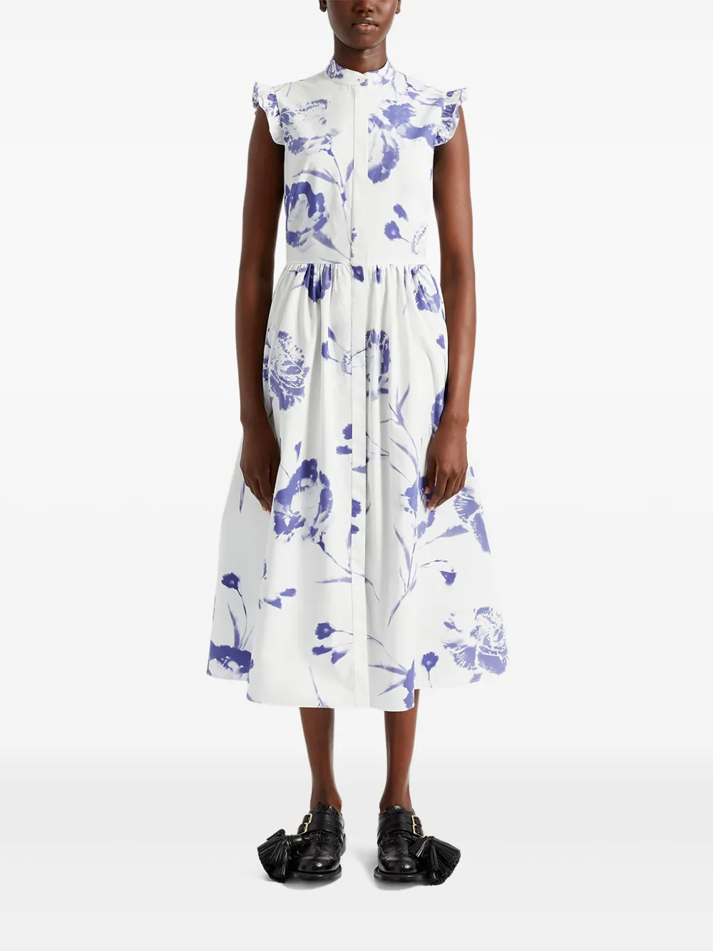 Shop Erdem Floral-print Ruffled-sleeve Dress In White