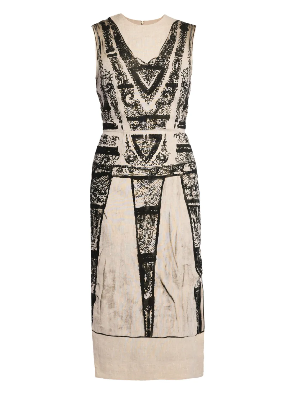 Erdem Printed Sleeveless Midi Pencil Linen Dress In Brown