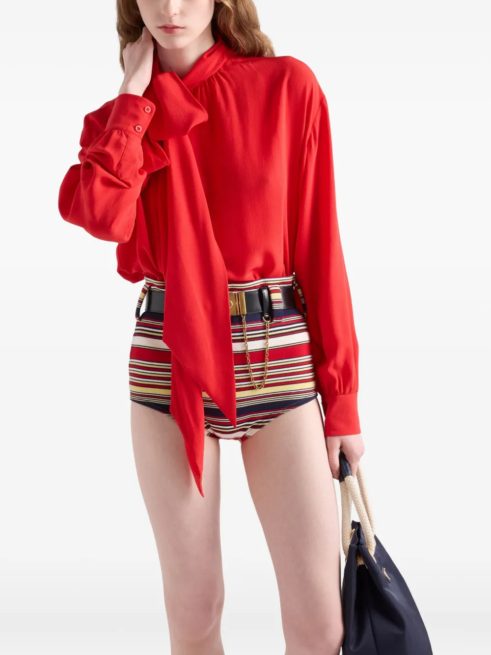 Prada Marocaine Offset Button Silk Top With Scarf In 红色