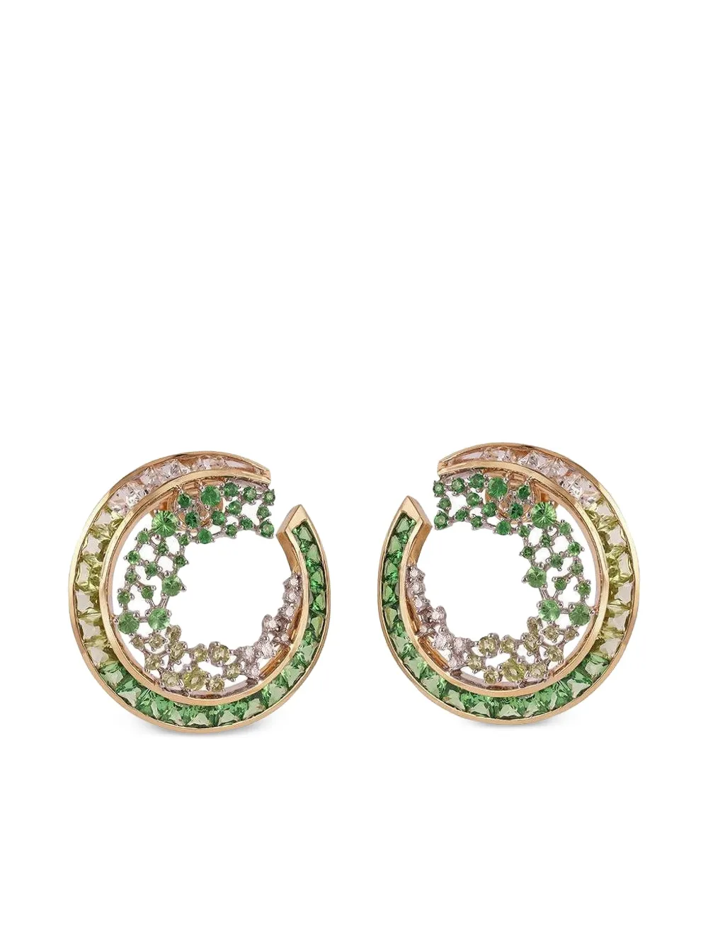 18K yellow gold Scatter tsavorite and diamonds hoop earrings