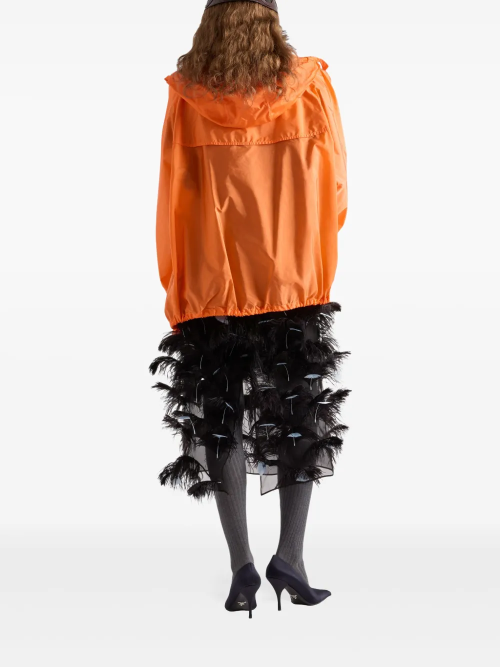 Prada Zijden organza jurk verfraaid met veren Zwart