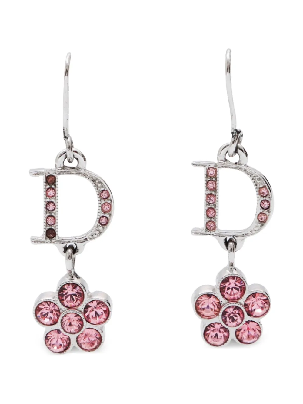 Pre-owned Dior 2000s Flower Drop Earrings In Silver