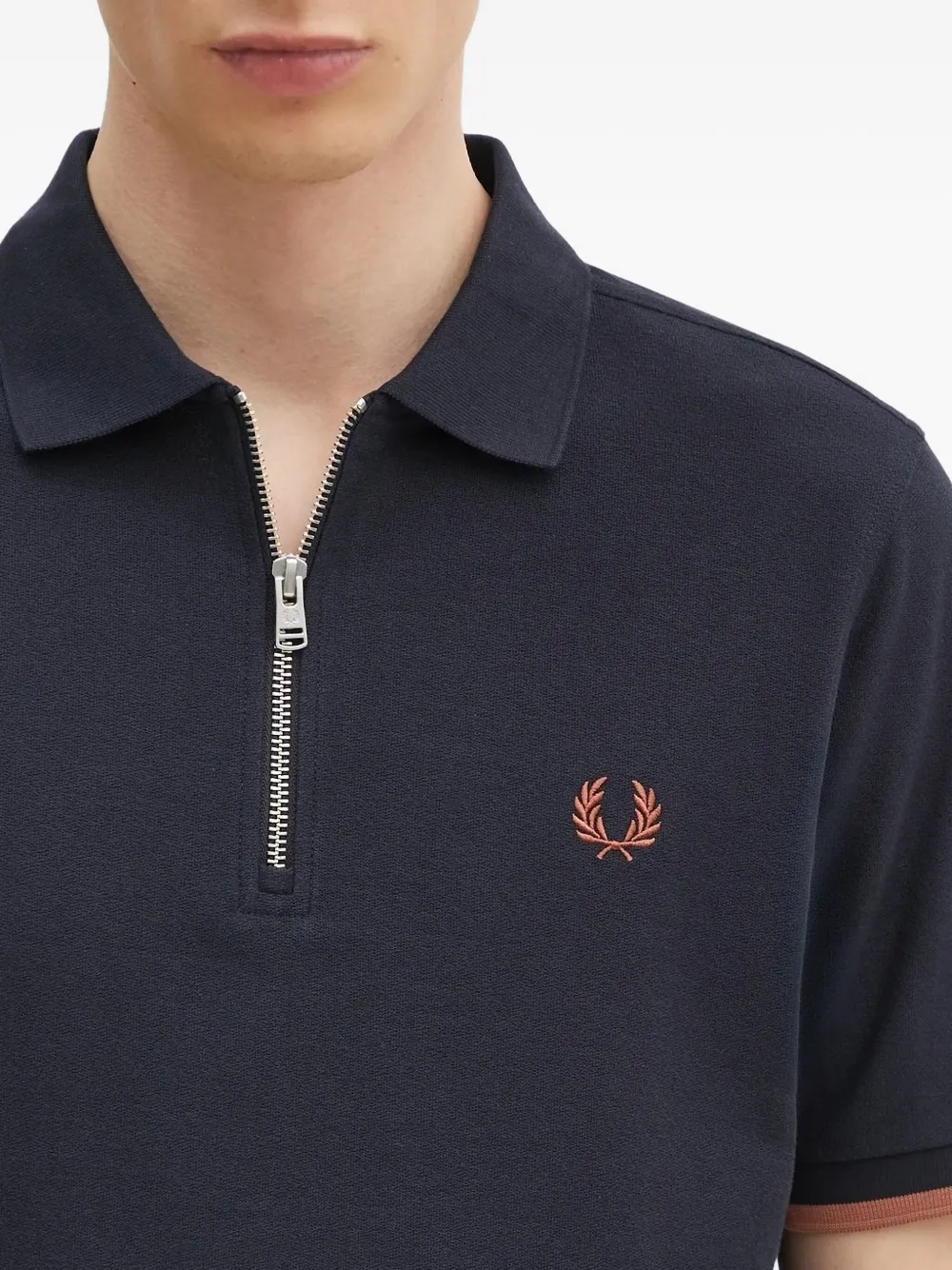 Fred Perry zip-neck logo-embroidered polo shirt Blauw