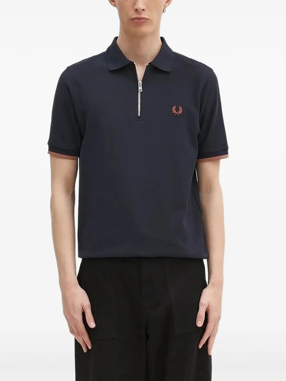 Fred Perry zip-neck logo-embroidered polo shirt Blauw