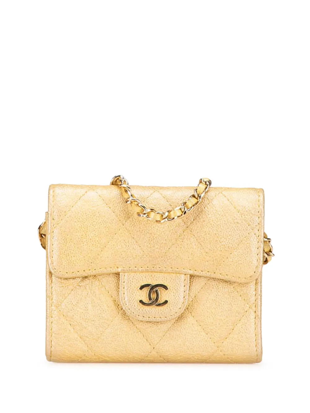 CHANEL Pre-Owned 2019 CC Quilted Iridescent Caviar Flap Card Holder on Chain crossbody bag | Gold | Image 1
