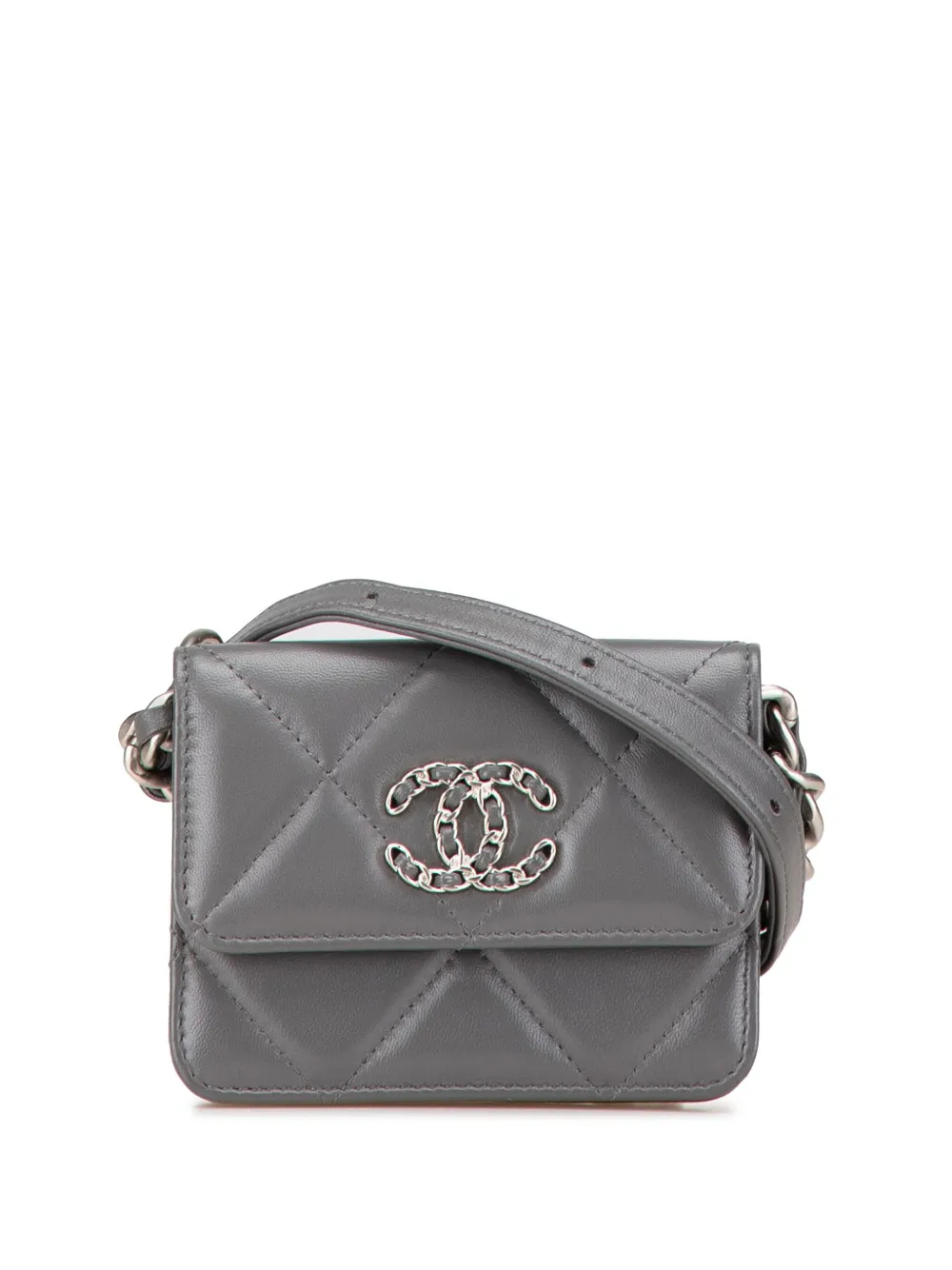 CHANEL Pre-Owned 2021-2024 Lambskin 19 Flap Coin Purse With Chain crossbody bag | Grey | Image 1