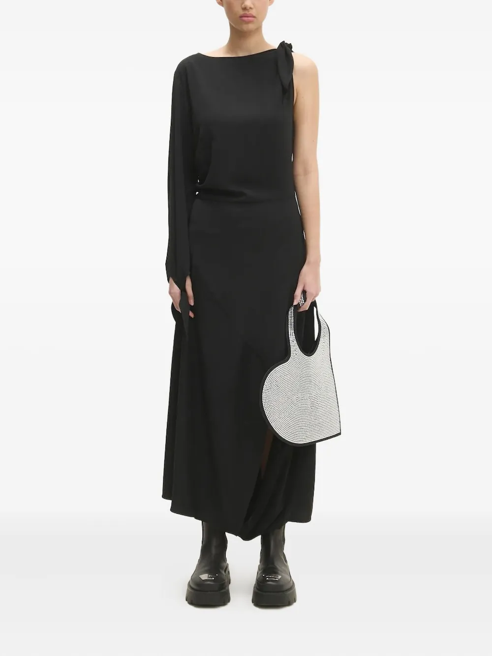 SAMSOE asymmetric-neckline one-sleeve midi dress Zwart