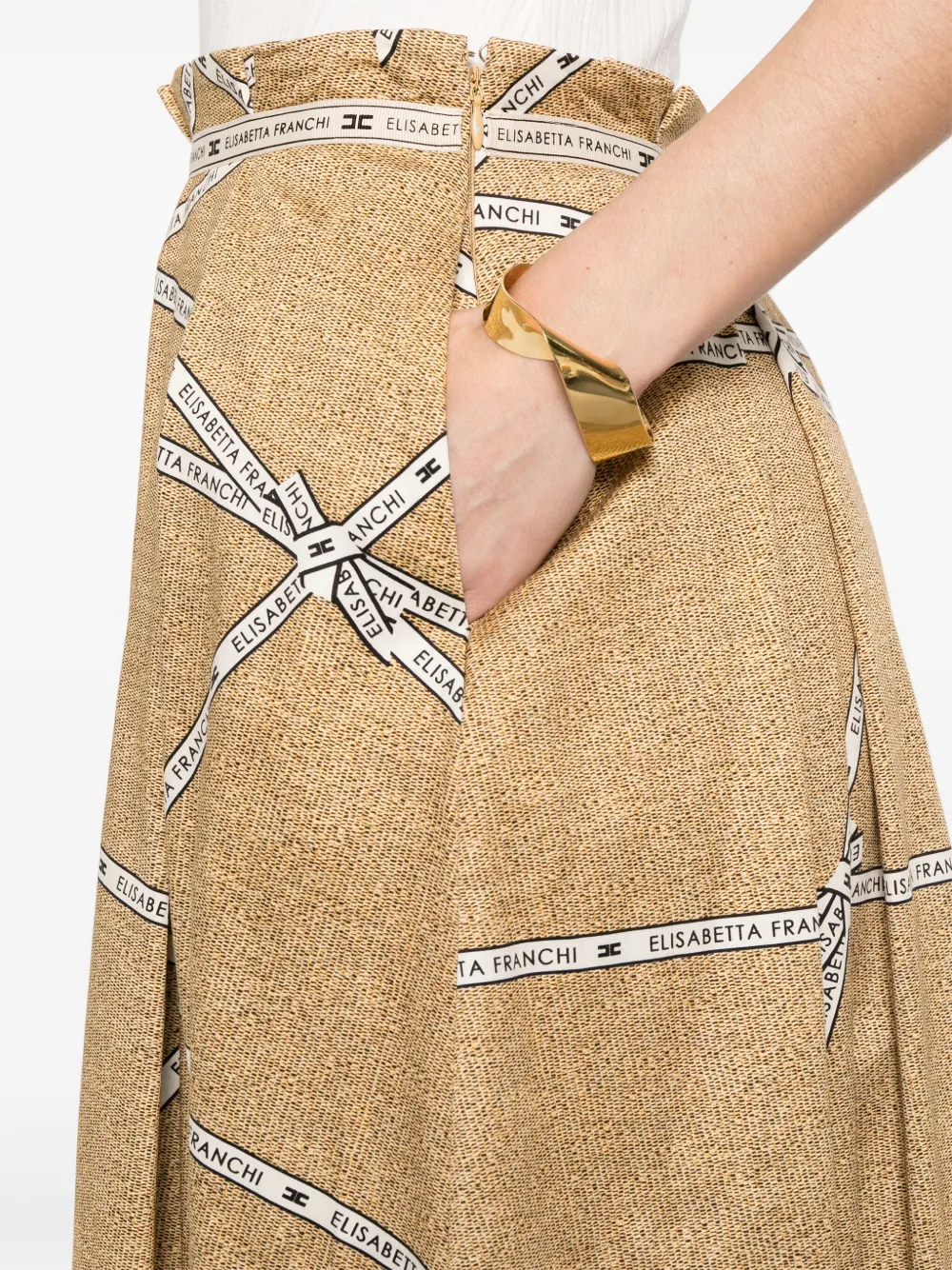 Elisabetta Franchi Midi-rok met raffiaprint Beige