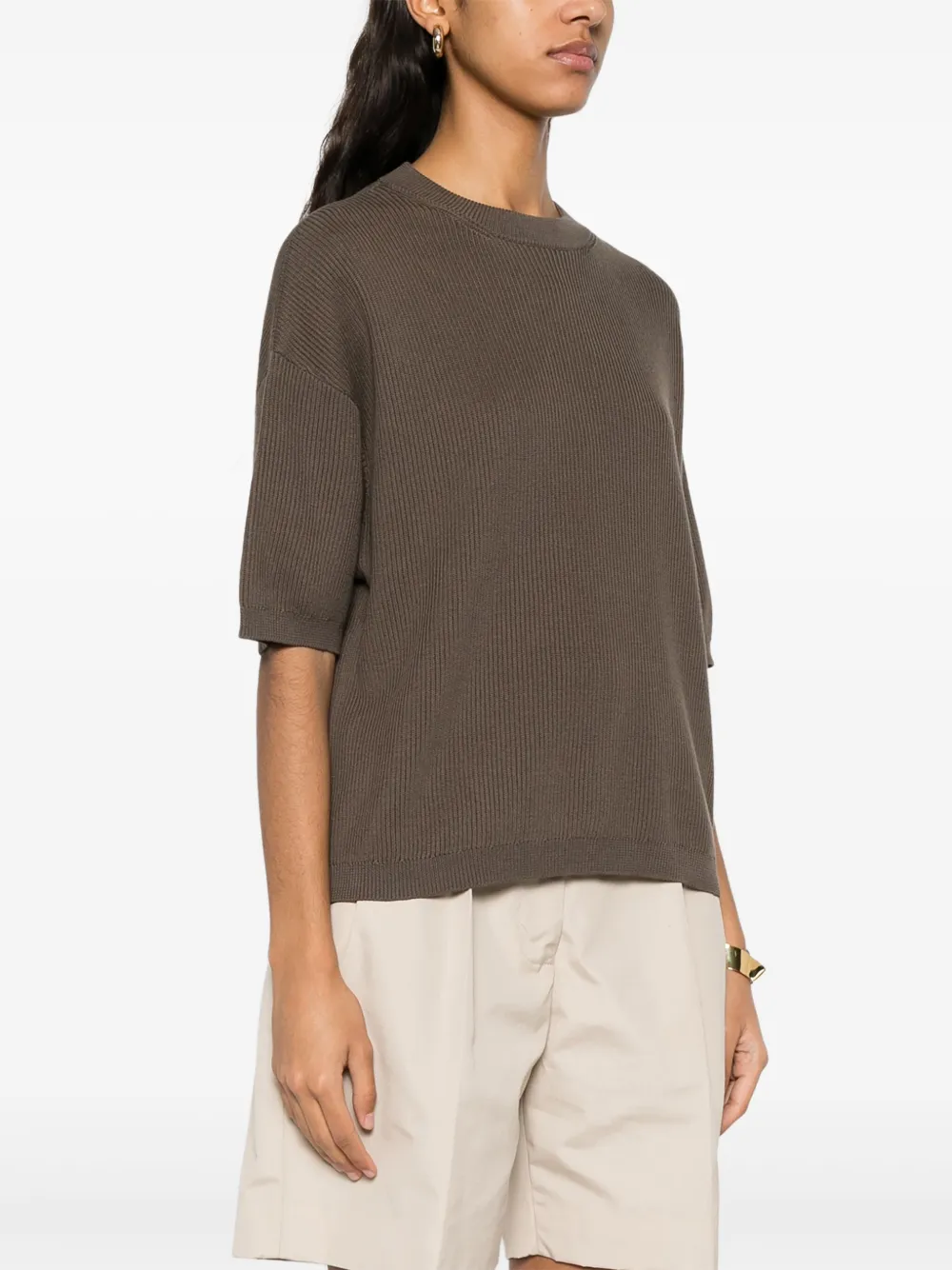 Brunello Cucinelli Fijngeribbeld T-shirt Bruin