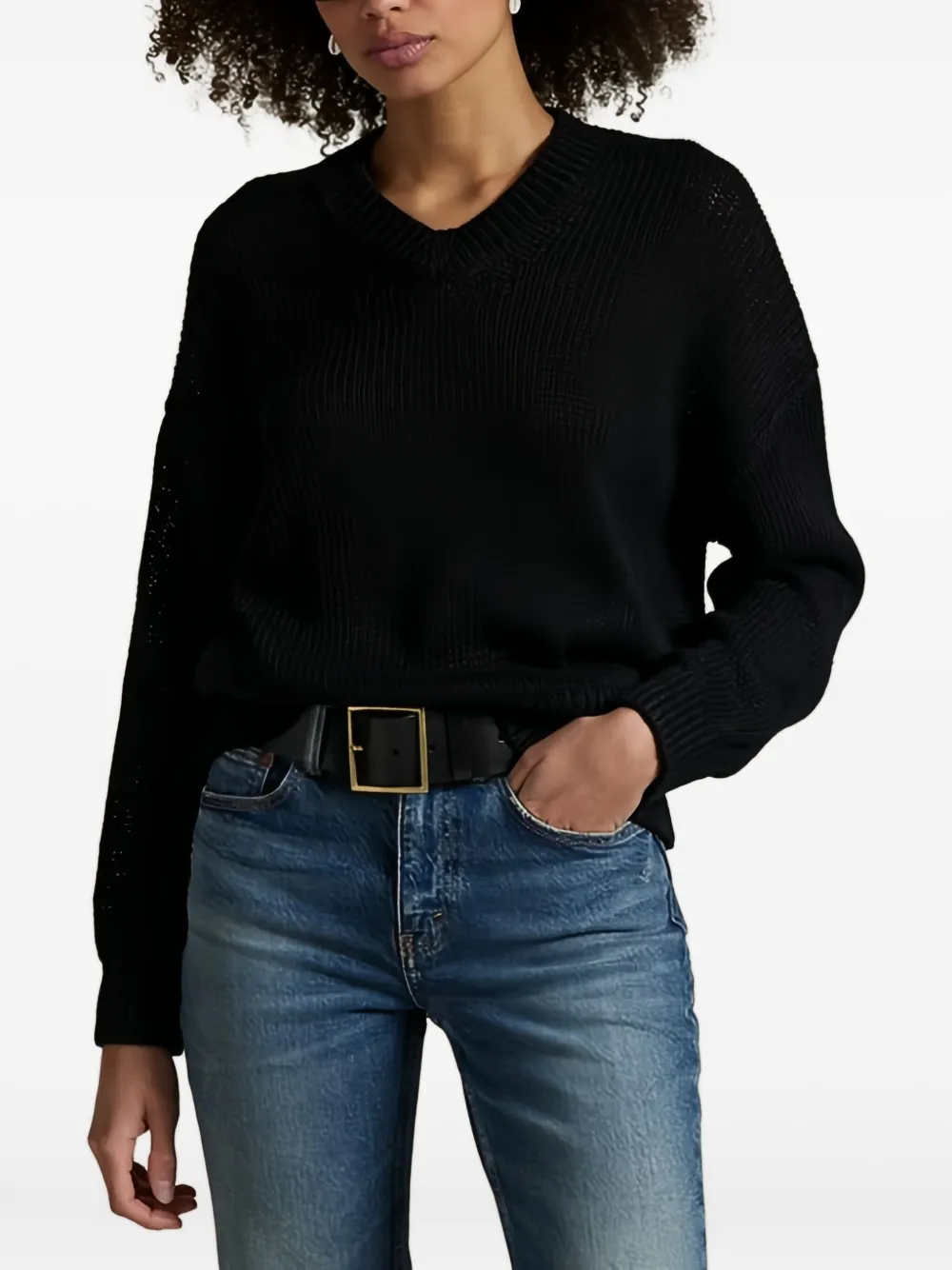 Polo Ralph Lauren Linen-cotton V-neck Sweater In Black