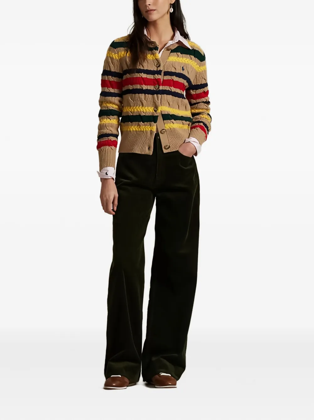 Polo Ralph Lauren Cable-knit Striped-pattern Cardigan In Gold