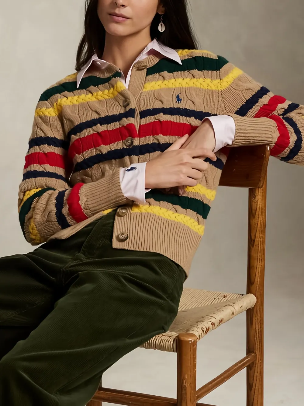 Polo Ralph Lauren Cable-knit Striped-pattern Cardigan In Gold