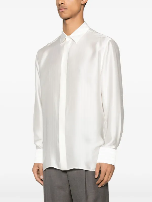 SAINT LAURENT ホワイトストライプ長袖シャツ シルク Saint Laurent Striped Satin Shirt | White | FARFETCH