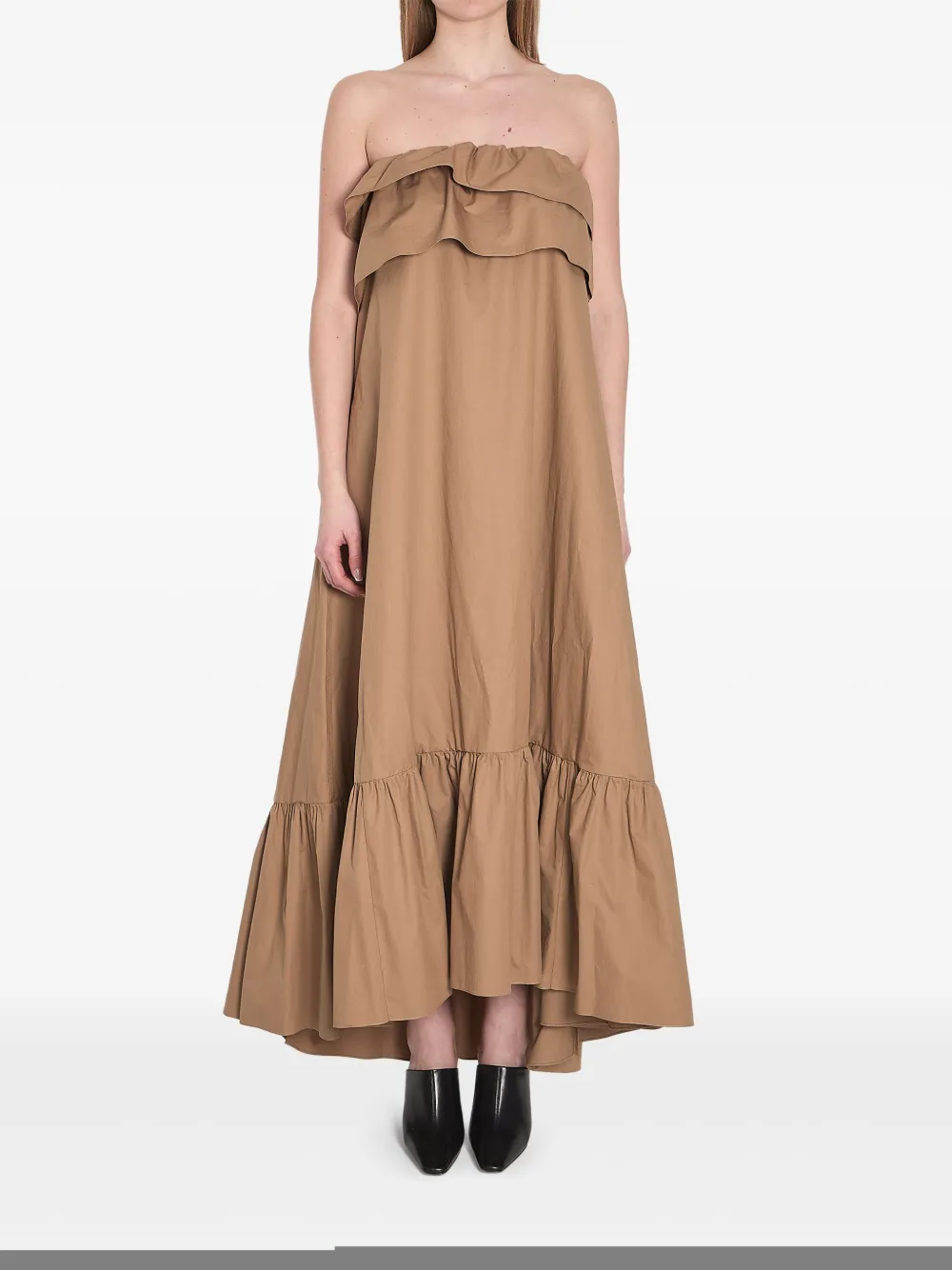 Saint Laurent Beige Long Dress With Bustier Neckline And Ruffled Skirt In Cotton Woman In Neutrals