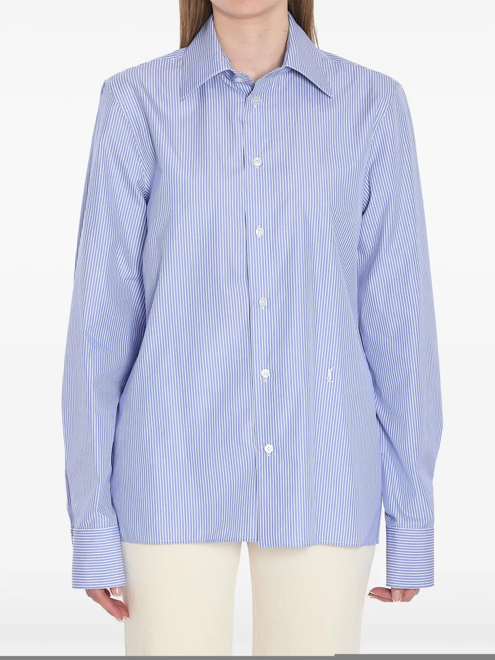 Saint Laurent Cassandre Striped Long-sleeved Shirt In 蓝色