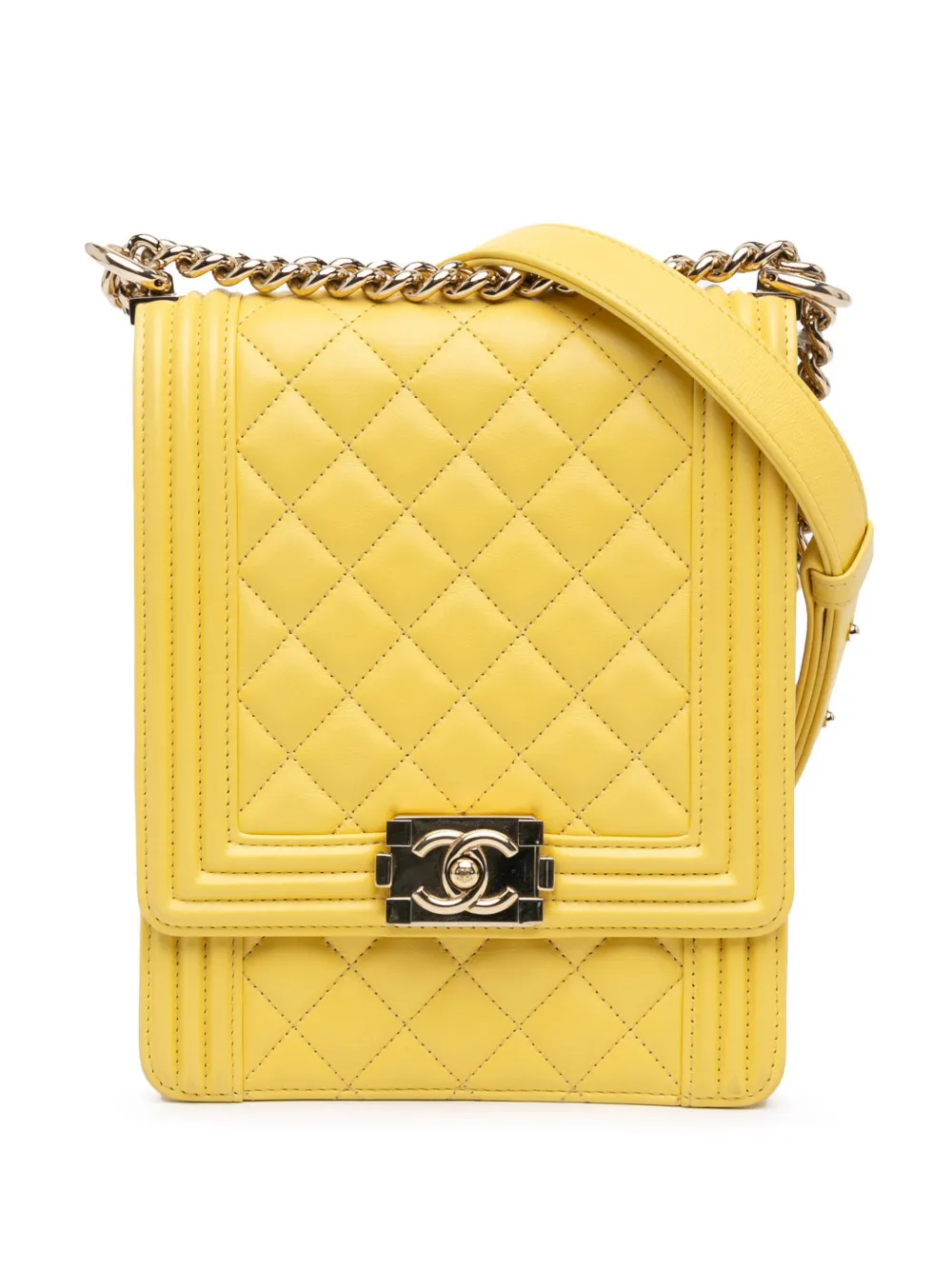 CHANEL Pre-Owned 2019 マトラッセ ラムスキン ノースサウス ボーイ フラップ ショルダーバッグ - イエロー CHANEL Pre-Owned 2019 マトラッセ ラムスキン ノースサウス ボーイ フラップ ショルダーバッグ - イエロー